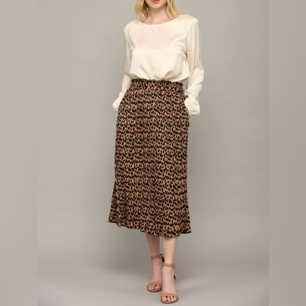 High Waist Polka Dot Pleated Midi Swing Skirt with Pockets -brown - Picture 3 of 6